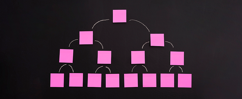 Workflow: post-its rosas se organizam no formato de organograma num fundo cinza escuro