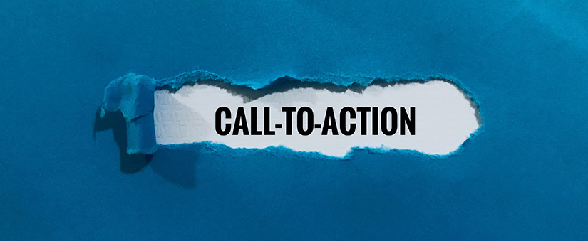 Página azul rasgada. Atrás, a frase call to action