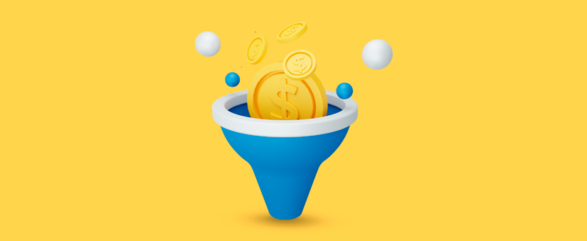 ilustração de funil com ícones de moedas 