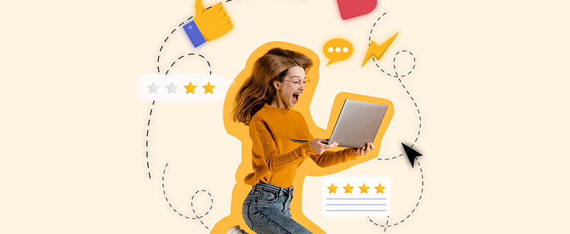 Gestão da experiência do cliente: colagem com uma imagem de uma mulher pulando com um notebook na mão e algumas ilustrações em volta.