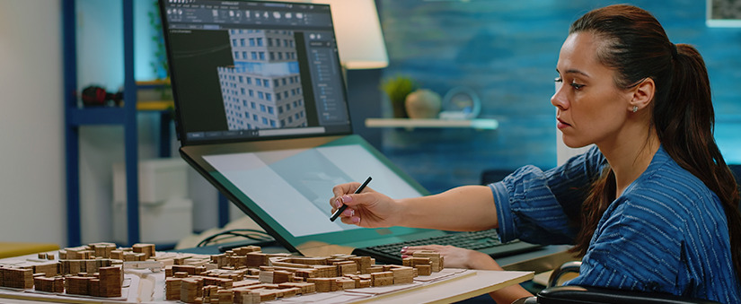 BIM: imagem de uma mulher com uma caneta digital na mão numa mesa com duas telas de dispositivos digitais e algumas peças de maquete.