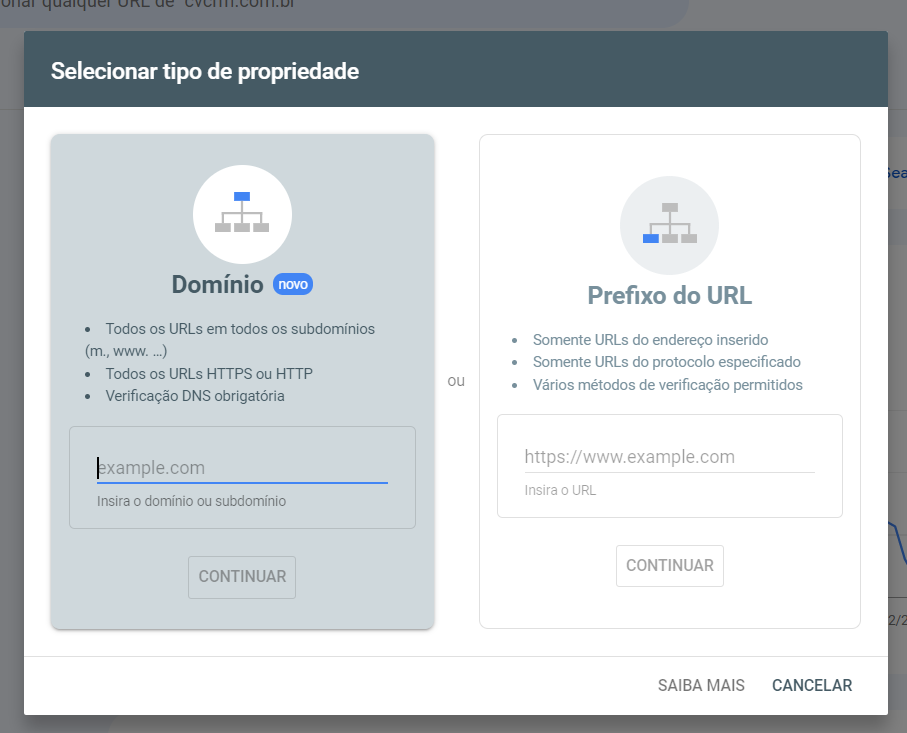 imagem do search console. Do lado esquerdo uma coluna com o título "domínio" e, do lado direito, uma coluna com o título "Prefixo do URL"