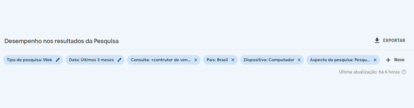 imagem do search console com uma lista horizontal de filtros 