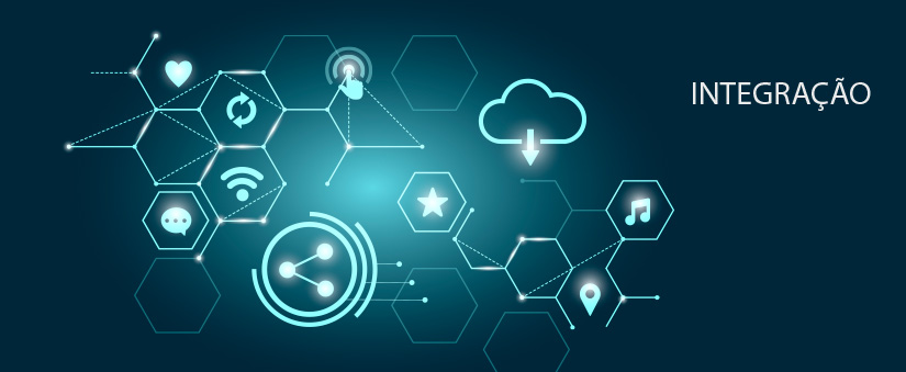 sistema CRM: ilustração de hexágonos interligados e alguns ícones ao redor. DO lado direito a palavra "integração" em destaque.