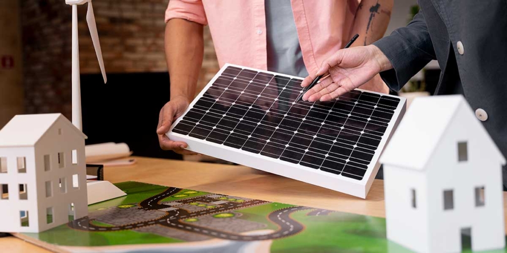 casa sustentável: mesa com um mapa e algumas miniaturas de casa. Ao fundo duas pessoas seguram uma placa de energia solar.