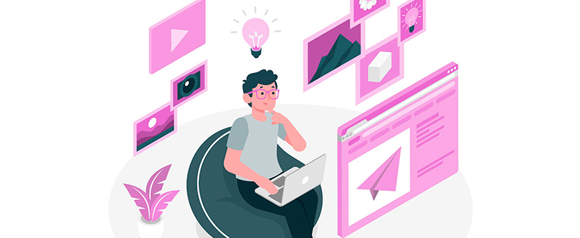 fluxo de cadência: ilustração de um homem sentado com um notebook e algumas páginas de site ao redor dele.