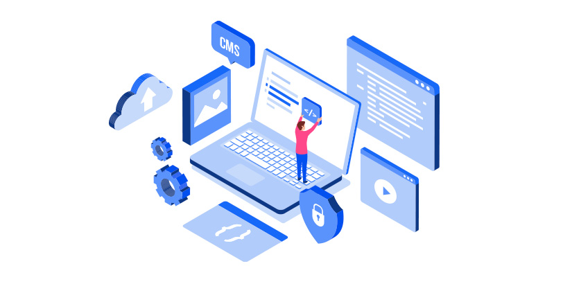 O que é pré-cadastro: ilustração de um notebook com alguns ícones que representam sistemas digitais. No centro uma miniatura de pessoa segurando um bloco com símbolo de desenvolvimento de sites.