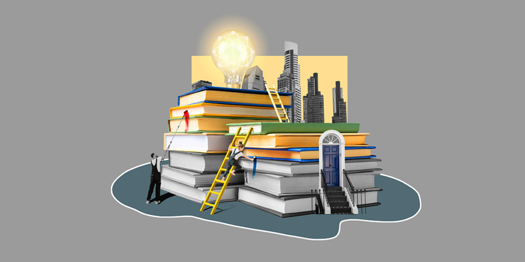 Dicas para corretor de imóveis iniciante: ilustração de livro empilhados simulando grandes edifícios e algumas pessoas ao redor limpando.