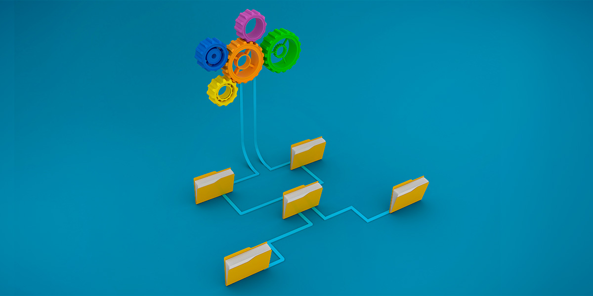 O que é eap: ilustração de engrenagens coloridas ligadas a pastas de arquivos digitais.
