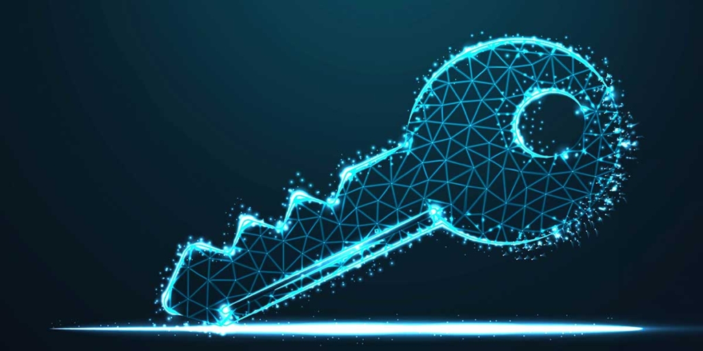 Taxa de conversão: ilustração de uma chave com contornos azul neon.