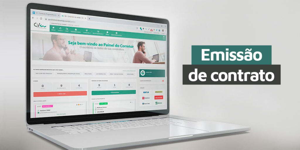 emissão de contrato: imagem de um notebook com a página inicial do CV CRM, indicando "painel do corretor". Ao lado o título "Emissão de contrato"