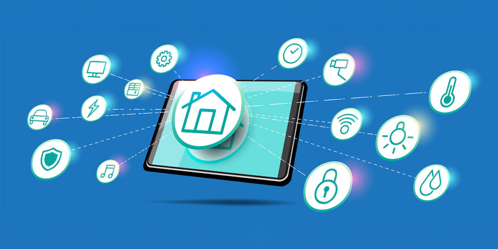 portaria virtual: ilustração de um tablet com uma vários ícones saindo da tela.