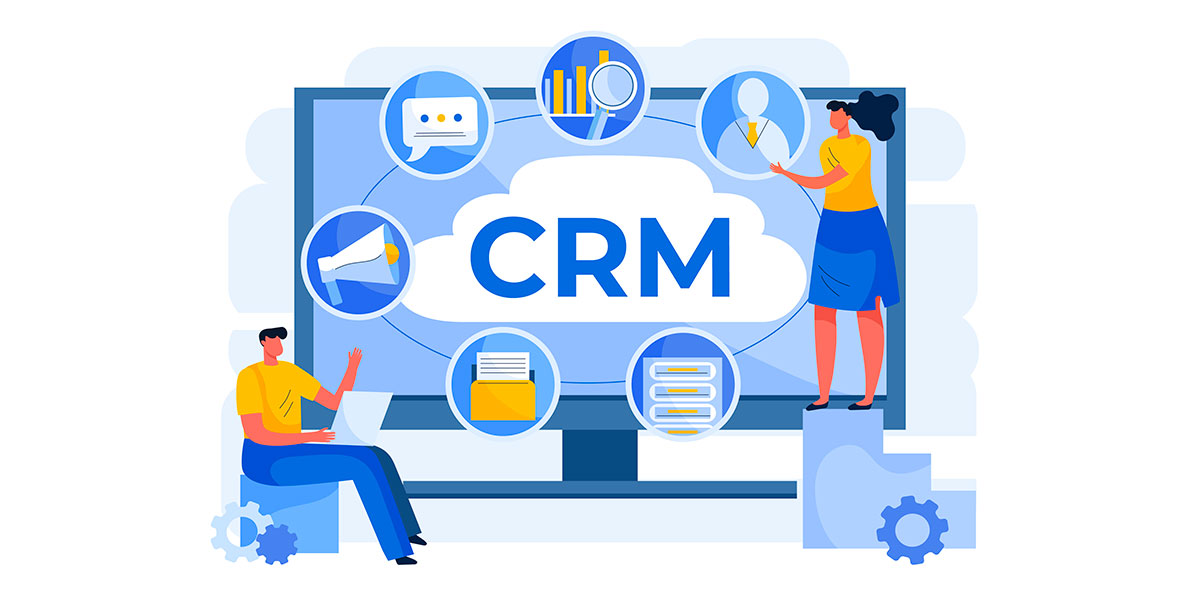 Experiência com CRM: ilustração de pessoas em frente a um computador gigante com a sigla CRM na tela.