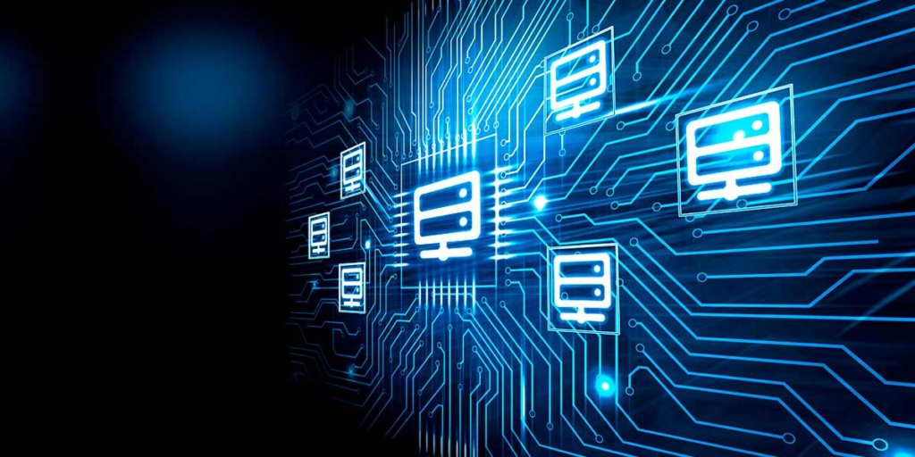 ERP para construção civil: imagem de linhas azuis fluorescentes conectando vários pontos e se encontrando no centro, numa ilustração de computador.