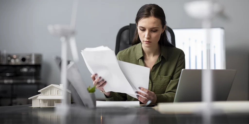 Gestor Imobiliário: imagem de uma mulher em frente a uma mesa segurando alguns papeis