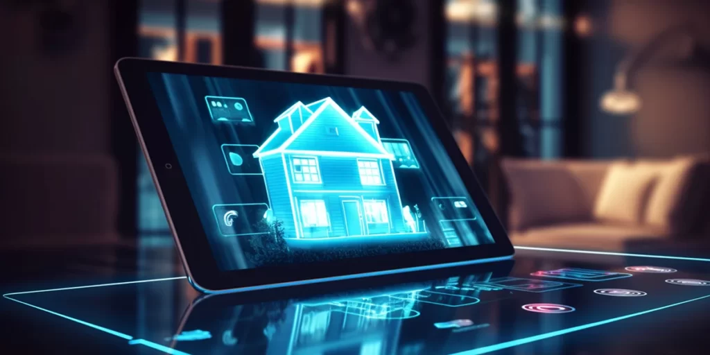 Infraestrutura Urbana: imagem de um tablet numa mesa. Na tela uma imagem em negativo de uma casa.