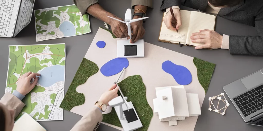 Negócios lucrativos na construção civil: imagem vista de cima de uma mesa. Vemos as mãos de algumas pessoas olhando mapas de terrenos.
