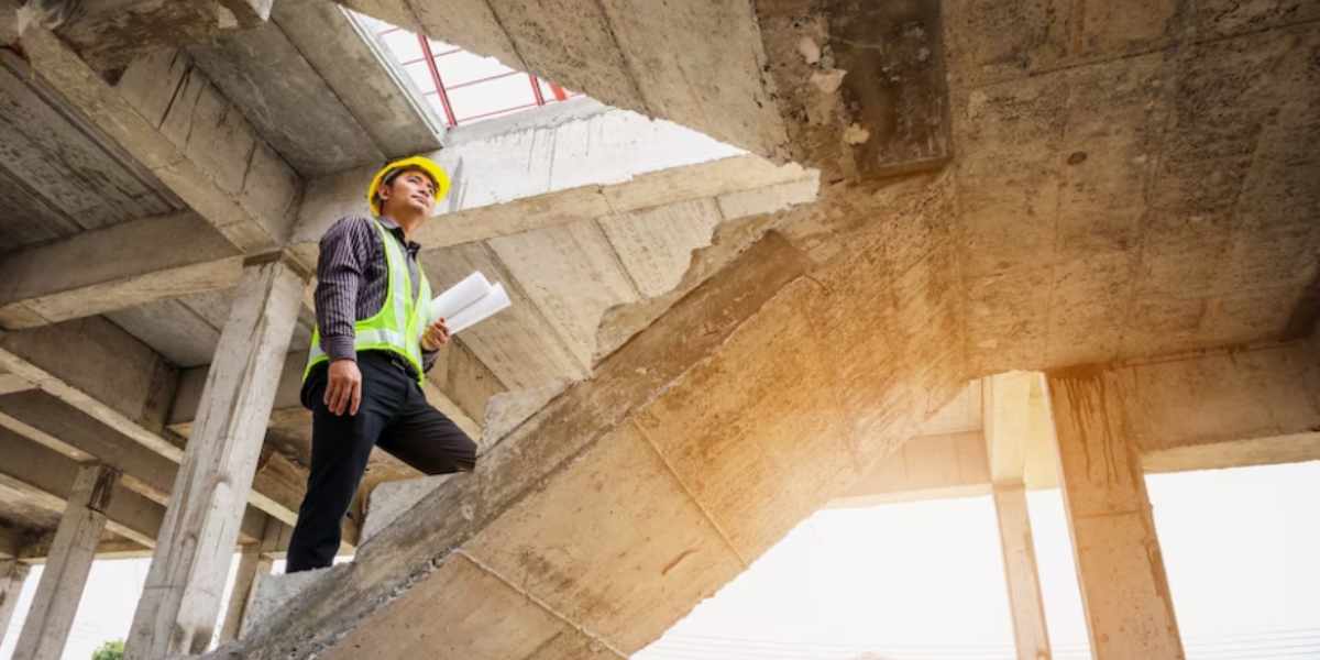 Mobilização e Desmobilização: imagem de um homem usando EPI, subindo escadas de um canteiro de obras.