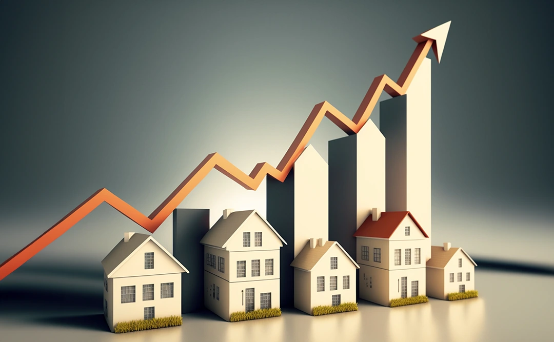 Indicadores imobiliários: A imagem mostra uma série de casas de várias alturas, representando uma tendência de crescimento. A casa mais baixa está à esquerda, enquanto a mais alta está à direita. Entre as casas, há uma linha de gráfico que se eleva ao longo do eixo horizontal, indicando um aumento ou crescimento. A linha termina com um ponto de acentuação, sugerindo um pico ou um momento de apoio. A imagem é um simbolo visual para representar o crescimento ou o desempenho aumentando ao longo do tempo.