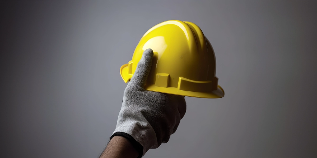 Gestão de mão de obra: A imagem mostra uma mão com um luva branca segurando um capacete amarrado. O capacete é de cor clara, possivelmente amarelo ou claro, e parece ser um capacete de construção. A mão está segurando o capacete por cima, e o fundo é de cor escura, o que sugere que a foto foi tirada em um ambiente iluminado de forma artificial.
