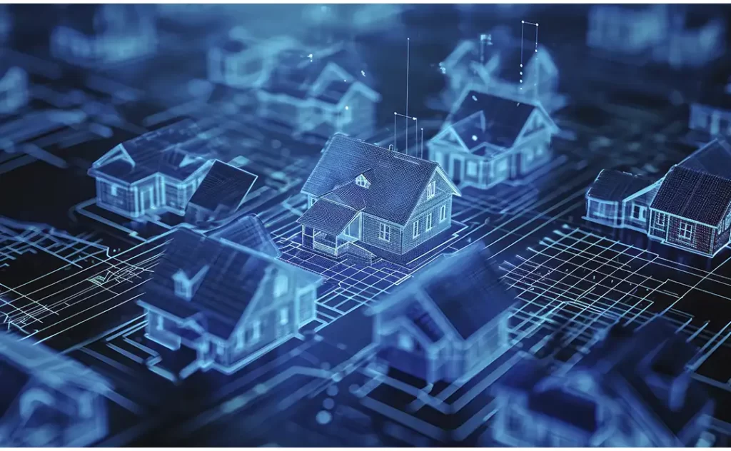 Venda de Loteamento: A imagem mostra uma representação gráfica de uma área residencial, possivelmente uma planilha ou mapa de uma comunidade de casas. As casas são ilustradas de forma simples, com detalhes suficientes para identificar suas estruturas, como telhas, janelas e portas. Há uma série de linhas e formas que parecem representar caminhos, campos ou outros elementos do ambiente. A imagem tem um tom azul claro, o que pode sugerir uma visualização tecnológica ou uma representação de dados. A iluminação da imagem é suave e parece ser projetada sobre uma superfície escura, o que dá uma sensação de holografia ou de uma representação tridimensional.