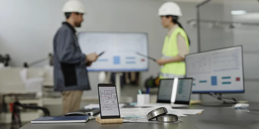 Novas técnicas na construção civil: a imagem mostrar uma sala de reunião. Em primeiro plano numa mesa vemos, na tela de um celular, uma planta de imóvel. Ao fundo em segundo plano duas pessoas usando capacetes conversam.