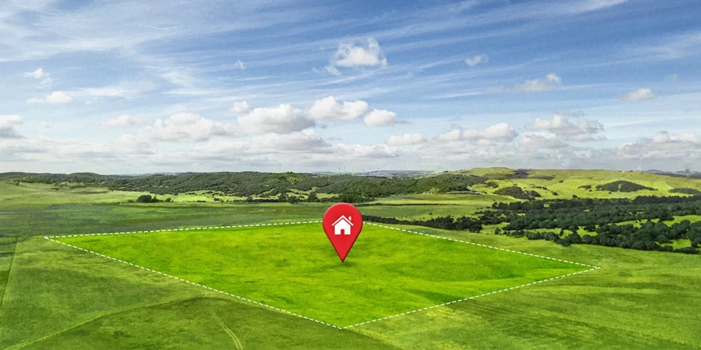 Tipos de Lote: imagem de um lote delimitado por uma linha tracejada. No centro do lote um ícone de localização.