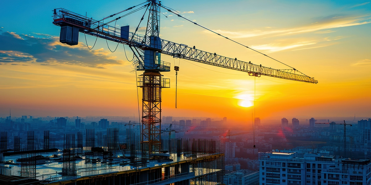 as built: A imagem mostra uma paisagem urbana ao ar livre com um cenário de construção dominante. Há um grande craneo de construção no centro da imagem, que está em baixa posição, sugerindo que está em uso. O céu está iluminado com tons de laranja e amarelo, indicando que a foto foi tirada durante o horário do pôr do sol. A cena está baixa, provavelmente de dentro de um edifício em construção, com vistas panorâmicas da cidade ao fundo, onde outros edifícios e construções podem ser observados. A atmosfera é vibrante e a luz do sol dá um contraste agradável às formas arquitetônicas.