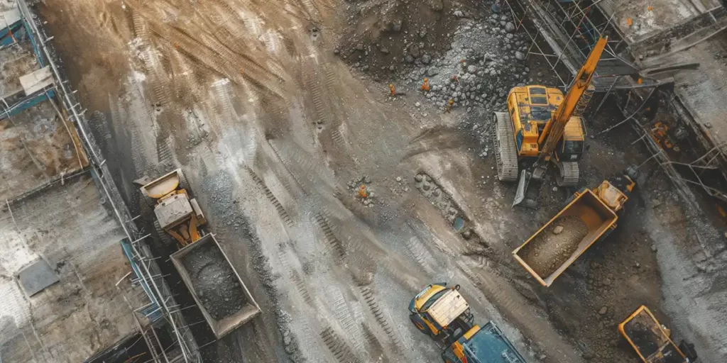 concreto usinado: A imagem mostra um ambiente de construção em andamento. Há um terreno escavado com caminhões de carga e equipamentos de construção, como um escavador, trabalhando no local. O terreno está coberto de areia e grama, e há algumas estruturas de metal que parecem ser parte de um andaime ou estrutura de suporte para a construção. Há também alguns trabalhadores vestidos com equipamentos de segurança, como capacetes e camisetas amarelas, que são comuns em situações de construção. A cena sugere que está em um estágio inicial de um projeto de construção, possivelmente um edifício ou uma estrutura que exige a movimentação de grandes quantidades de terra e material.