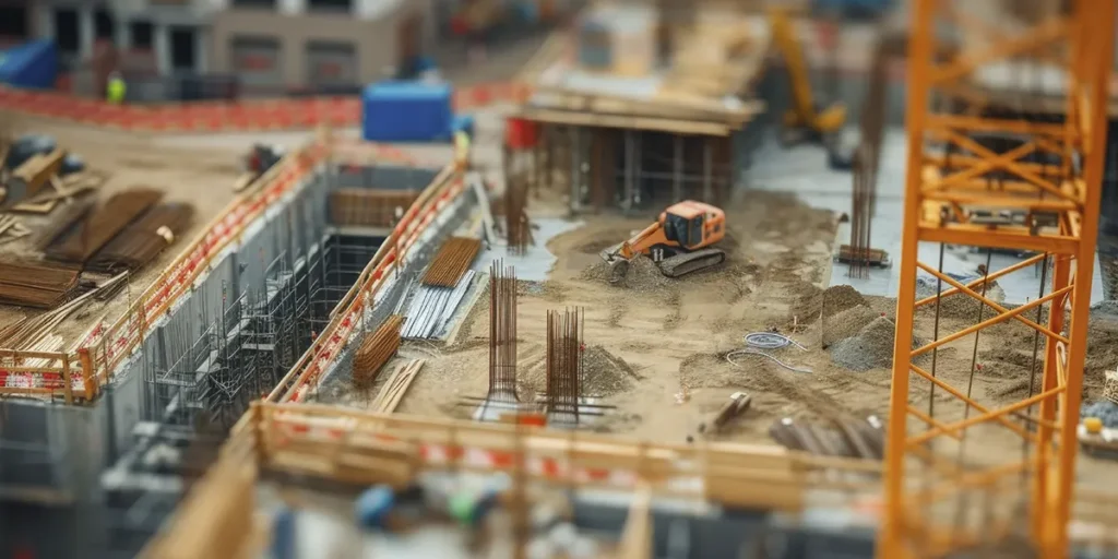 como calcular o material de construção: 
 A imagem mostra um ambiente de construção em andamento. Há um grande espaço aberto com terra e areia, e parece haver uma estrutura de metal em construção, possivelmente parte de um edifício. Há vários equipamentos de construção, incluindo um escavador, que está no centro da imagem, e outros aparelhos que parecem ser parte de um sistema de elevador de material.