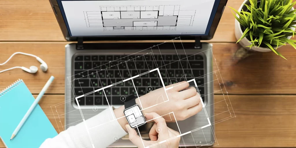cronograma fisico e financeiro de obras: A imagem mostra uma pessoa sentada diante de um laptop aberto em uma mesa de madeira. A tela do laptop exibe um plano de uma casa, sugerindo que a pessoa pode estar trabalhando em um projeto de arquitetura ou design de interiores. A pessoa está usando um relógio inteligente ou smartwatch, que parece estar interagindo com o laptop, possivelmente controlando o software ou aplicativo que está sendo usado. Ao lado do laptop, há um bloco de notas azul e um par de óculos de sol, o que pode indicar um ambiente casual ou de trabalho. Há também uma planta em um vaso ao lado do laptop, adicionando um toque de natureza ao ambiente. A imagem tem um estilo de ilustração que parece ser uma representação conceptual ou uma ilustração de um uso futuro de tecnologia.