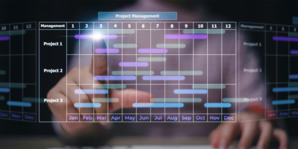 cronograma físico e financeiro de obras: A imagem mostra uma mão humana, possivelmente de um indivíduo sentado em frente a um computador, com o dedo do polegar sobre um teclado. A mão está em primeiro plano, o que sugere que ela é o foco da cena. Atrás da mão, há uma tela ou monitor que exibe um gráfico de Gantt, um tipo de diagrama de calendário comummente usado para gerenciar projetos.

